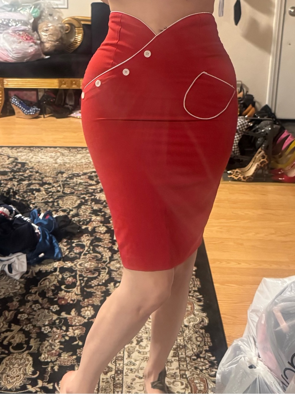 Bettie Page Red Pencil Skirt with White Piping S - Picture 3 of 10